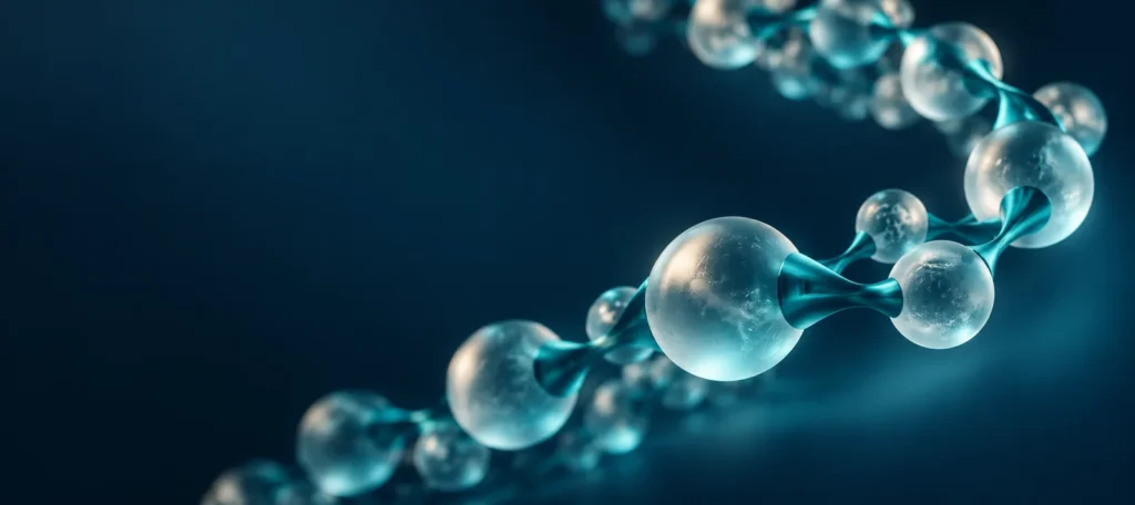 Conceptual glass molecular chain in navy and teal; illustrative artwork