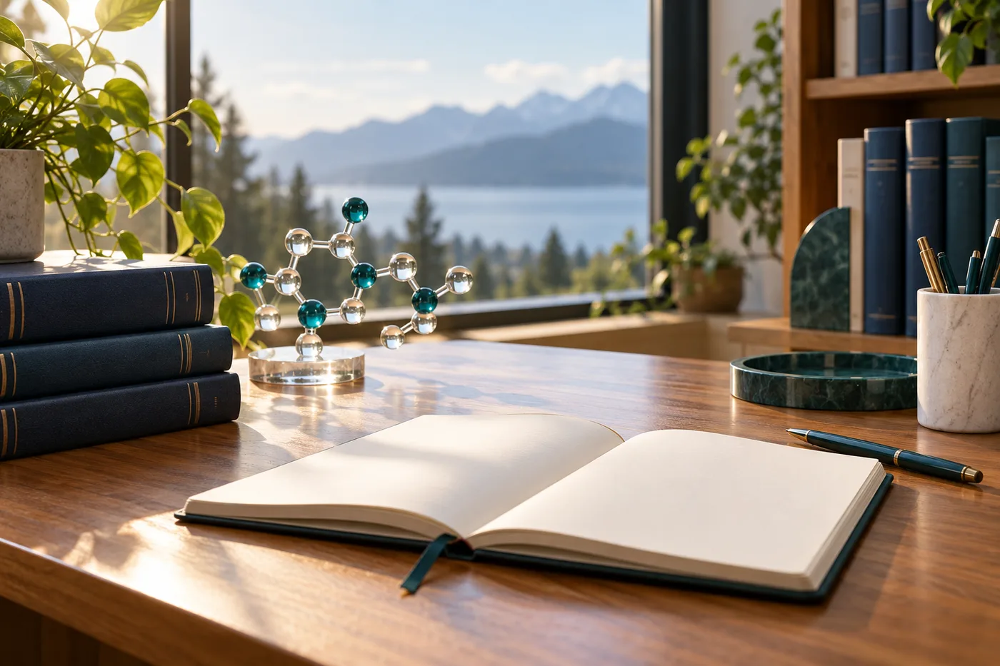 Conceptual scientific reading workspace with books, notebook and a molecular model
