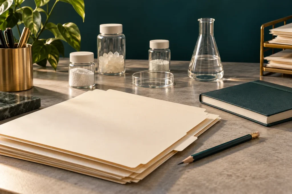 Conceptual research documentation workspace with blank folders and notebook